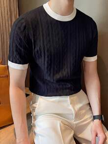 ALTZTAR Men's Crew Neck Textured Jacquard Short Sleeve Casual Commuter Knit Sweater - Navy Blue - View 3