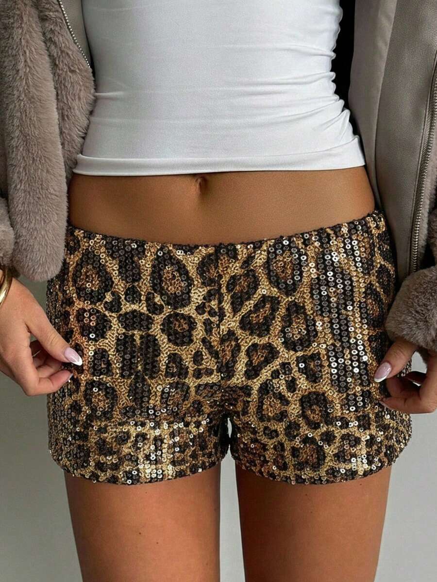 Shorts da donna con stampa leopardata e paillettes, shorts casual quotidiani, stile retrò alla moda, adatti per primavera/estate, essenziali per festival musicali, essenziali per donne alla moda - Dorato - Visualizzare 1