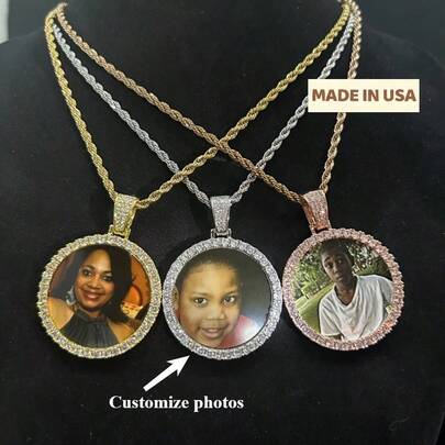 (Customized Product) Customized Small Circular Photo Frame For Boys, Customized Photo Pendant With Full Diamond  Copper Jewelry, Customized Unique Necklace