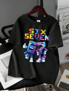 青少年男孩卡通图案印花圆领休闲短袖T恤 - 黑色 - 查看 2