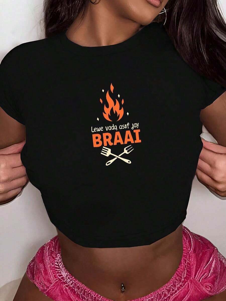 Afrikaans English Braai Quote Grill Fashionable Women's Short Sleeve T-Shirts - Black - View 1