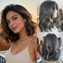 Peluca corta con ondas de bob, con degradado marrón y reflejos dorados para mujeres, sin pegamento, con línea del cabello previamente desbastada, de fibra resistente al calor de alta calidad, adecuada para cosplay, uso diario y fiestas - Multicolor - Ver 12