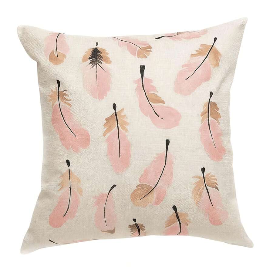 1pc Linen Unfilled Pillowcase, Pink Feather Print Pillowcase, Suitable For Living Room And Home Use - Pink Feathers - View 1