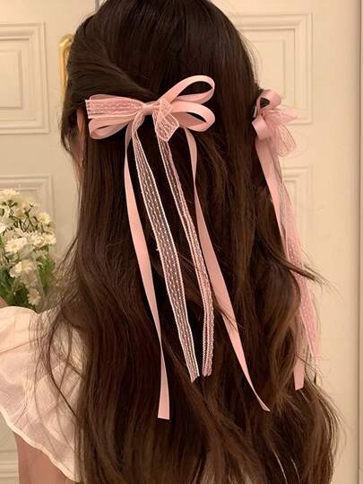 2个粉色蝴蝶结发夹蕾丝发夹女孩发饰可爱芭蕾舞风格超仙气百搭春季丝带发夹发饰