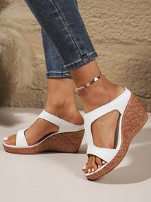 Women's Platform Wedge Sandals, 4.3 Inch High Heel Thick Sole Non-Slip Open Toe Fashion Elegant Slip-On Slippers - White - View 3