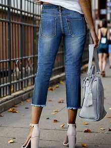 Jeans capri de mujer de uso casual y versátil, adecuados para el transporte diario y las vacaciones de primavera - Azul lavado oscuro - Ver 4