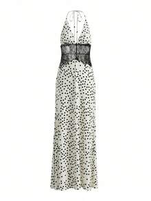 Women Long Satin Halter Dress Dot Print Lace Patchwork Sleeveless Backless Slim Fit Dress For Daily Party Club - màu đen - Xem 9