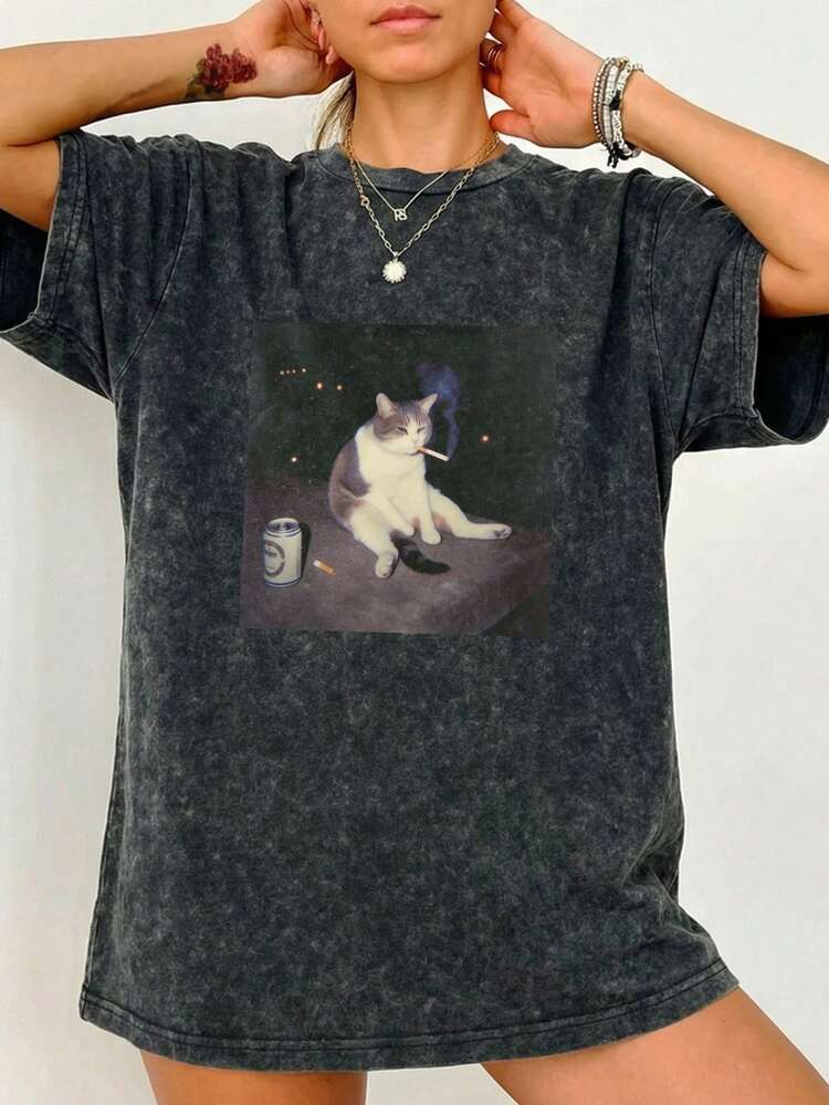 Women's Summer Casual Cat Smoking Print Loose Comfortable Round Neck Short Sleeve T-Shirt, Retro Street Style Black - Black - View 6