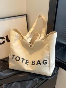 撞色轻便手提包，适合上学、去图书馆、购物、旅行、户外野餐，大容量单肩包 - 米色 - 查看 6