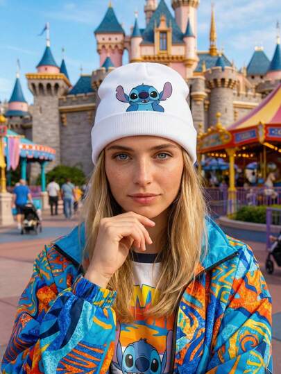Disney 1 pieza Gorro de punto con etiqueta oficial de ángel, gorro unisex de protección contra el frío, cálido para otoño e invierno, adecuado para uso diario al aire libre, elástico y ligero para mujeres