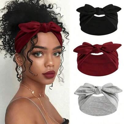 3pcs Women Bow Bunny Ear Headbands, Boho Wide Headwraps, Super Cute Rabbit Ear Knotted Headbands, Valentine's Day Accessories, Bunny Ear Headpieces, Fall/Winter Headbands, African Turban Headwraps, Elastic Solid Bow Hair Accessories, Suitable For Women, Fitness/Yoga/Sports/Outdoor, Soli Work Out Hair Bands Women Bandanas Men Sweatband