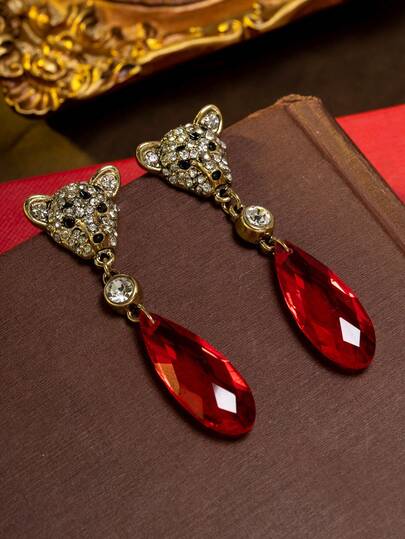 A Vintage Rhinestone Encrusted Leopard Head Design With Teardrop Tassel Luxury Fashion Earrings, Perfectly Matching The "Retro Glamorous Chic" Aesthetic, Suitable As A High-End Gift For Daily Wear, Parties, Galas And Celebratory Occasions