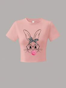 Girls' Bunny Graphic Cropped Tee - Leopard Bandana Glasses Bubble Print Y2K Streetwear Summer Skate Hangout Friend Gathering Top - Pink - View 2