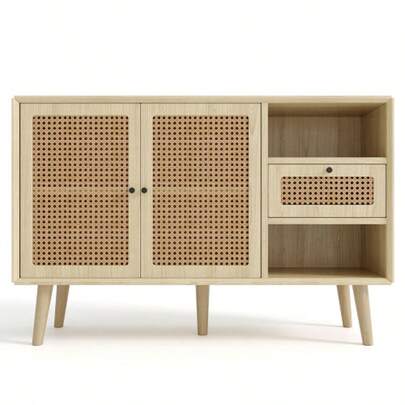 Sideboard, Chest Of Drawers With 1 Drawer And 2 Magnetic Doors, Woven Rattan Door Fronts, Solid Wood Legs, Black Metal Bar Handle, Adjustable Shelves, Oak, 120 X 40 X 80 Cm