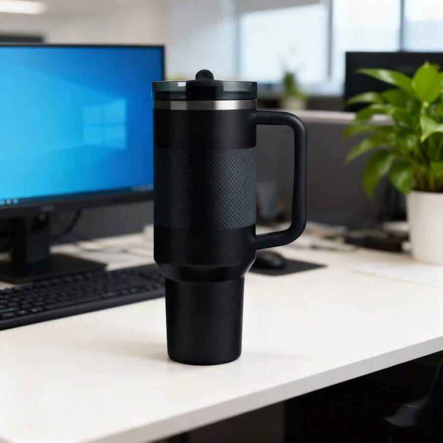 STANLEYO 40oz Sleek Matte Black Insulated Tumbler – Double-Wall Stainless Steel Cup With Handle, Textured Grip, Leak-Proof Reusable For Coffee, Tea & Daily Use | Ideal Holiday Gift For Family, Friends. - 黑色 - 查看 1