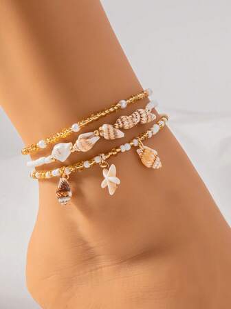 3pcs/Set Bohemian Style Beaded Anklet Set, Starfish & Shell Pendant Anklets, Summer Beach Holiday Party Accessory