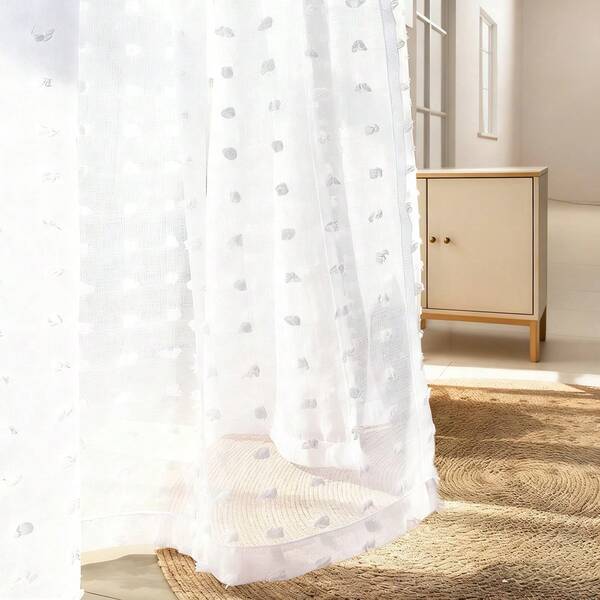 1pc Romantic White Fluffy Yarn Curtain Panel, French Countryside Style For Bedroom, Living Room, Balcony, Voile Curtain With Rod Pocket, Decorative Sheer Curtain