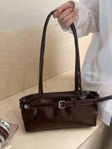 1pc Vintage Large Capacity Tote Bag, Commuter Oversized Underarm Bag, Fashion Motorcycle Handbag, PU Solid Color Oiled Wax Leather, Strap Decor, Zipper Closure, Women's Shoulder Bag For Work, College Student Backpack, Short Trip, Vacation, Shopping, Business, Suitable For Daily Use - Coffee Brown - View 10