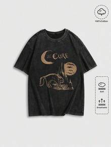 Graphic Tees Women ROMWE MEN Anime Men's Summer Letter Moon Print Round Neck Short Sleeve Casual T-Shirt, 2000s Style Men's Summer Casual 180g Pure Cotton T-Shirt Patterned Printed Short Sleeved Top T-Shirt - 黑色 - 查看 1