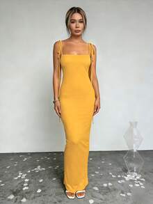 女士纯色露背吊带长裙，优雅鱼尾下摆无袖修身长裙，适合度假、约会、日常穿着、派对、夜店等各种场合，节日庆典，春夏女士长裙，黄色长裙 - Butter Yellow - 查看 6