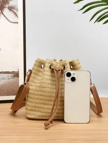 1 chiếc túi đeo chéo bằng rơm kiểu dáng mới mùa xuân/hè, túi đeo vai mini thời trang có dây rút, thích hợp cho đi biển, đi làm, mua sắm. - Màu Khaki - Xem 3