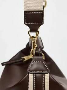 Women's Fashionable Bowling Bag, Adjustable Shoulder Strap, Canvas & PU Leather Small Square Shoulder Bag - Coffee - View 7