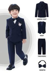 5件套男童经典简约正装套装：外套+马甲+裤子+领结，适合生日派对、庆典、颁奖典礼等场合。 - 藏蓝色 - 查看 5