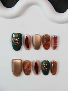 10 Stücke handgefertigtes mandelförmiges Nagelkunst Zubehör, Acryl Nagel Sticker mit barocken grünen Edelsteinen, goldener Katzenaugen-, Teufelsaugen-Designs, geeignet für Partys, Hochzeiten, Alltagsgebrauch, inklusive Werkzeug-Set, tolles Geschenk für Frauen Nägel Nagelzubehör - Grün - Übersicht 2