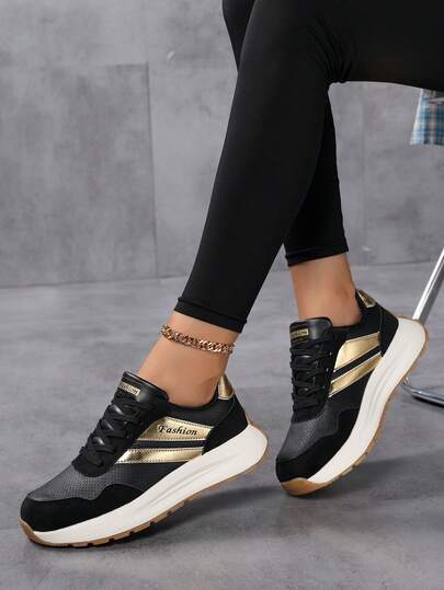 [Bestseller Relaunch] Black & Gold Contrast Color Thick Sole Chunky Sneakers For Women, Retro Patchwork Breathable Athletic Shoes, Platform Slimming Versatile Casual Shoes, Ins Style Commuting & Streetwear Essential, Soft Sole Non-Slip Durable Not Tiring, Petite Students Daily Outfit First Choice