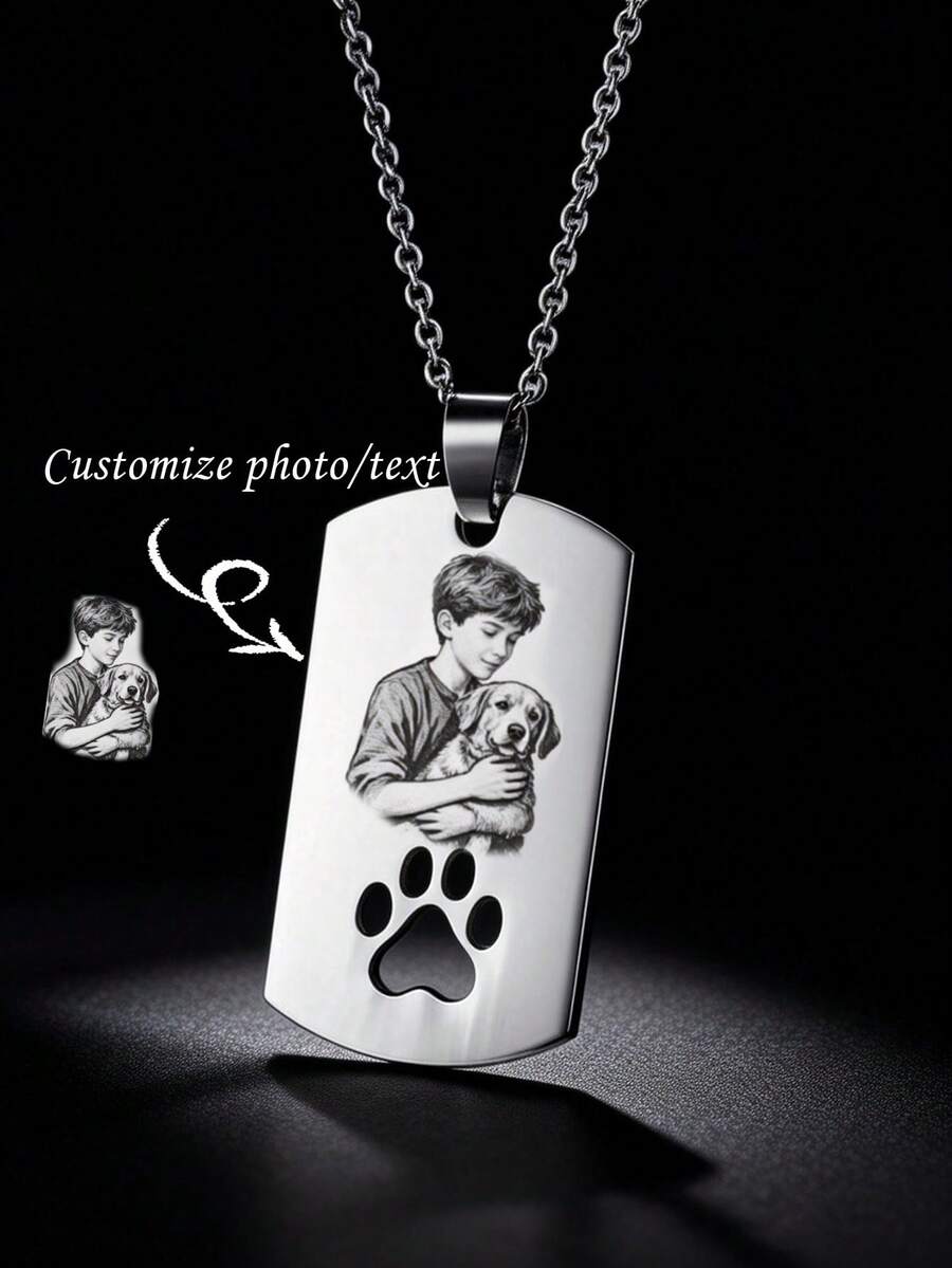 1pc Personalized Laser Engraved Photo Stainless Steel Geometric Pendant Necklace, Custom Text, Men's Jewelry Accessory - Silver - View 1