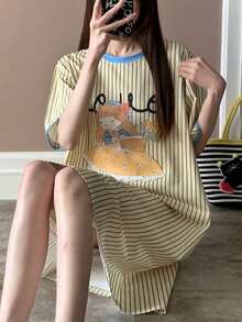 女士条纹黄色卡通拼接休闲圆领睡裙，适合春夏穿着 - 黃色 - 查看 6