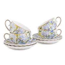 Tea Cup And Saucers 6.4oz Floral Tea Cups With Gold Trim Porcelain Teacup Coffee Cappuccino Espresso Latte Mugs For Party Birthday Party Cafe Home Christmas Gift Blue - 鳶尾花 - 藍色 - 查看 1