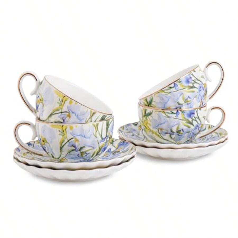 Tea Cup And Saucers 6.4oz Floral Tea Cups With Gold Trim Porcelain Teacup Coffee Cappuccino Espresso Latte Mugs For Party Birthday Party Cafe Home Christmas Gift Blue - 鳶尾花 - 藍色 - 查看 1