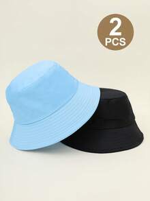 2 chiếc mũ xô màu trơn cho trẻ em, mũ xô chống nắng đa năng thường ngày cho cả nam và nữ, ngoài trời/học sinh - Đen + Xanh - Xem 5