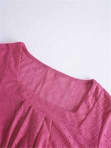 Embroidered Square Neck T-Shirt, Casual Short Sleeve Front Pleat Top, Women Apparel For Spring/Summer - Hot Pink - View 4