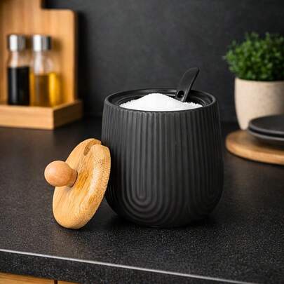Açucareiro De Cerâmica Oásis Preto C/ Tampa E Colher 360ml