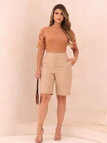 Versatile Women's Linen Bermuda Shorts With Pockets And Functional Buttons - 裸體 - 查看 3