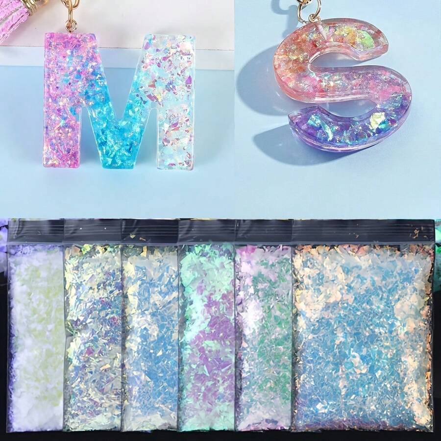 6袋/組 (6包*10G) 幻彩粗粒不對稱亮片,極光閃粉,適用於環氧樹脂、珠寶鑄造、DIY手工、彩繪裝飾 - 無色 - 查看 1