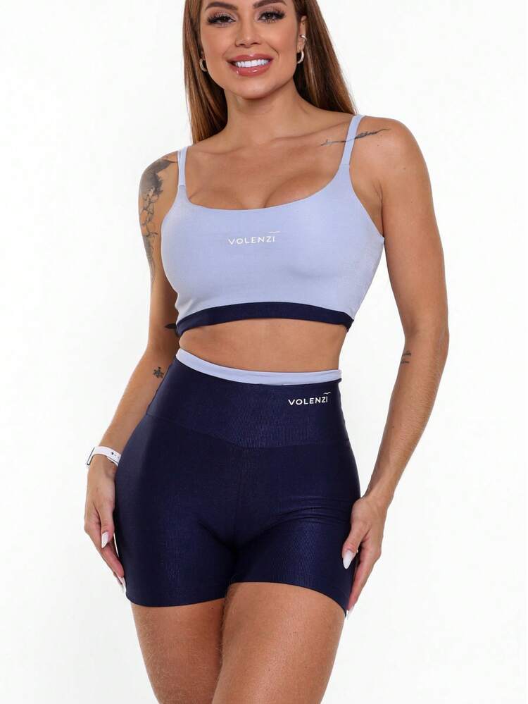 Shorts Fitness Duo Canelado Cintura Alta Compressão Conforto Academia - Azul Marinho - Visão 1