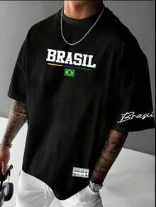 Men's Streetwear T-Shirt With Brazil Print, Cotton - 黑色 - 查看 2