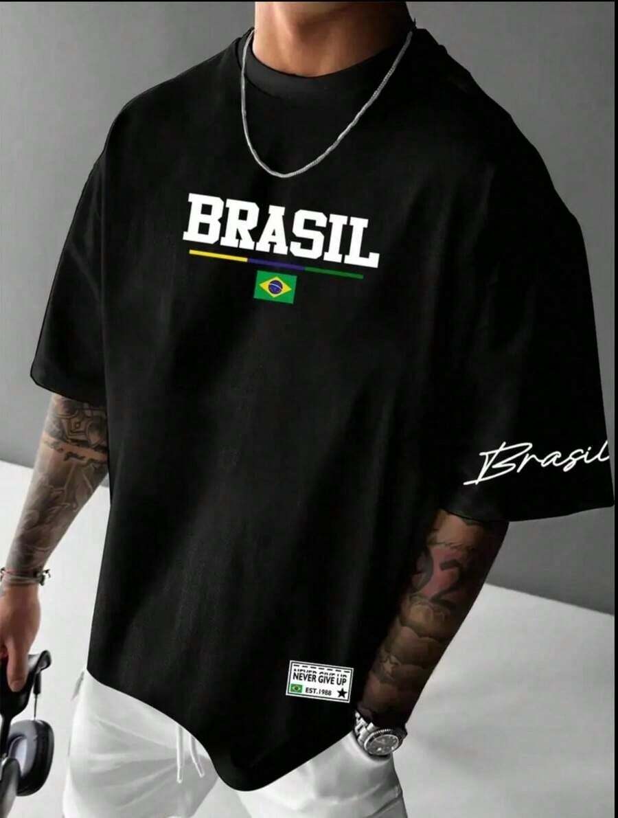 Men's Streetwear T-Shirt With Brazil Print, Cotton - 黑色 - 查看 1