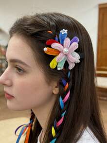 1个俏皮彩虹花朵发夹，绒球花瓣配珍珠中心，可爱日常发饰 - 彩色 - 查看 1