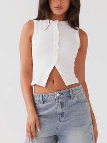 Women Y2k Button Down Tank Tops Casual Summer Ribbed Sleeveless Tees Shirts Basic Slim Fit Vest Shirts Aesthetic Crop Tops Streetwear - 白色 - 查看 4