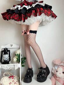1 Pair Women's Thin Hollow-Out Mesh Thigh High Socks With Bow, Versatile For Spring/Summer, Sweet Party Wear - Black - View 2