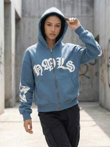 Y2K Gothic Punk Fashion Zipper Hoodie For Women With Snowflake Pattern And Letter Print Design Warm Fall Winter Jacket, Versatile Daily Wear, Back ToSchool, Graduation, Teacher Attire, Outdoor Fitness,Running, Valentine'S Day, Christmas Party - 藍色 - 查看 2