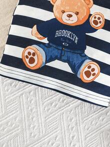 2 sztuki/zestaw ubranek dla chłopców z nadrukiem uroczego misia, w zestawie bezrękawnik w paski i spodenki z kreskówkową grafiką, swobodny letni styl sportowy/plażowy - Wielokolorowe - Zobacz 6