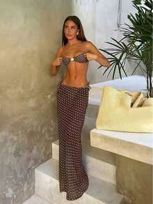 Polovedo 官方新款春夏性感优雅休闲棕黄波点印花三件套女式泳衣，适合海滩、派对、度假，随机印花，非固定印花。 - 彩色 - 查看 1