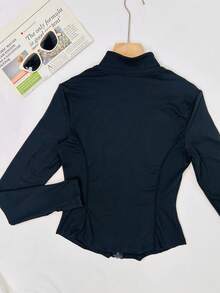 Plain Minimalist Stand Collar Zip-Up Casual Slim Fit Women Sports Yoga Jacket - Black - View 2