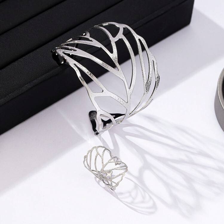 欧美创意金属镂空叶子设计女士戒指和手链首饰套装 - 銀色 - 查看 2
