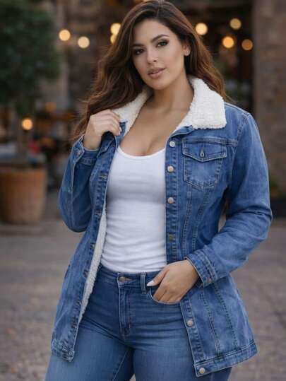 Cazadora Denim Curvy con Forro de Borreguillo Térmico y Ajuste Stretch.